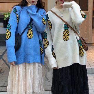 Pineapple Print Sweater / Midi Dotted Mesh Skirt