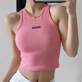 Ribbed Label Applique Plain Crop Tank Top