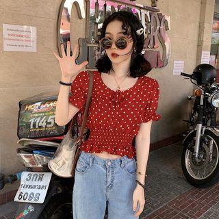 Short-sleeve Polka Dot Frill Trim Cropped Top As Shown In Figure - One Size