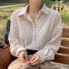 Long-sleeve Floral Print Chiffon Blouse Floral Beige - One Size