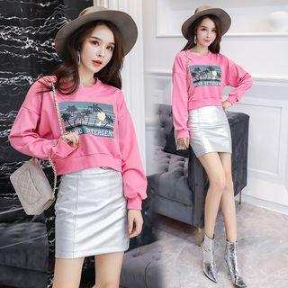 Set: Printed Pullover + Faux-leather Mini Straight-fit Skirt