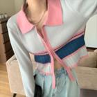 Paneled Zipped Knit Jacket Pink & Blue & Gray - One Size