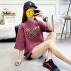 Elbow-sleeve Leopard Printed Letter T-shirt