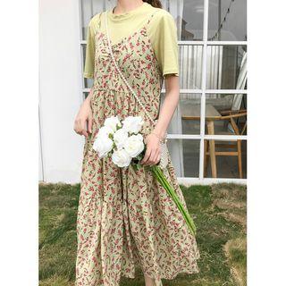 Floral Spaghetti-strap Dress Green - One Size
