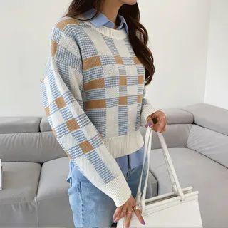 Rib-trim Plaid Cropped Sweater