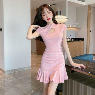 Cap-sleeve Mandarin Collar Mini Mermaid Dress