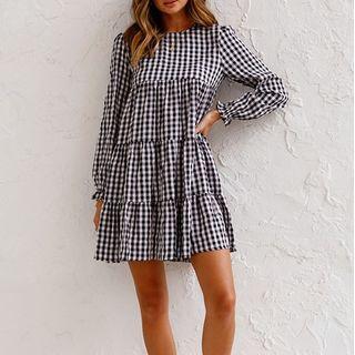Long-sleeve Gingham Mini Shift Dress
