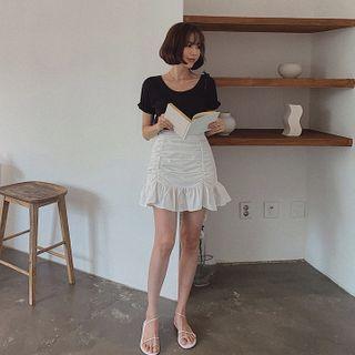 Inset Shorts Shirred Frill-hem Miniskirt