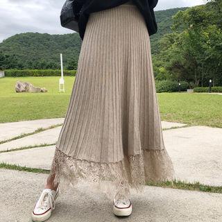 Lace-hem Ribbed Knit Skirt