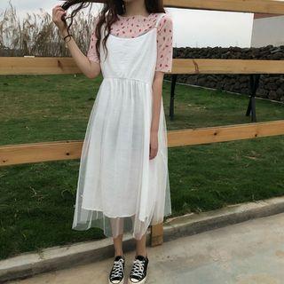 Floral Short-sleeve T-shirt / Mesh Panel Spaghetti Strap Dress