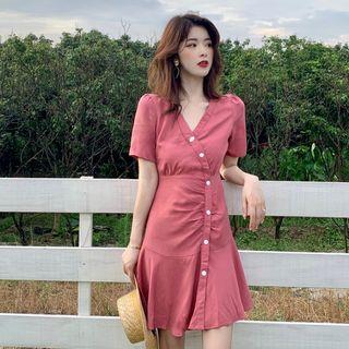 Short-sleeve Diagonal Buttoned A-line Dress