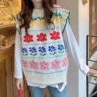 Flower Print Sweater Vest Red & Blue & Yellow Flowers - White - One Size
