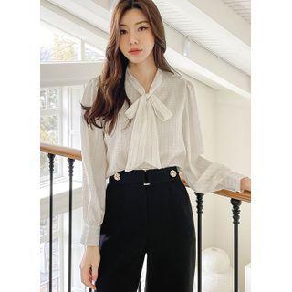 Tie-neck Metallic-stripe Blouse Ivory - One Size