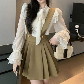Long-sleeve Tie-neck Blouse / Suspender Skirt / Set