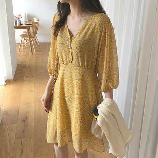 Floral Long-sleeve Loose-fit Dress As Figure - One Size