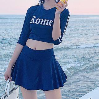 Set: Elbow-sleeve Lettering Rashguard + Swim Skirt