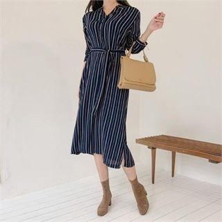 Pinstriped Midi Shirtdress & Sash Navy Blue - One Size