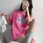 Lettering Short-sleeve T-shirt Rose Pink - One Size