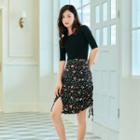 Floral Drawstring Slit Midi Pencil Skirt