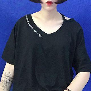 Elbow-sleeve Embroidered Cutout T-shirt