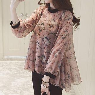 Set: Floral Long-sleeve Chiffon Top + Camisole Top