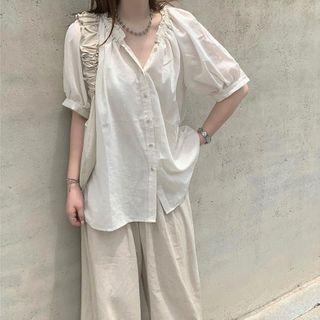 Short-sleeve Plain Shirt / Wide-leg Pants