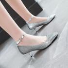 Pointy-toe Sequined Kitten Heel Ankle Strap Pumps