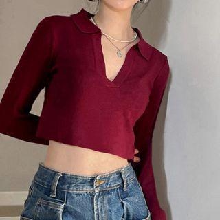 Long-sleeve Open Collar Cropped Knit Top