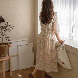 Square-neck Tie-side Floral Long Dress Pink - One Size