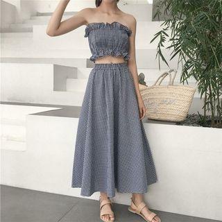 Set: Plaid Bandeau Top + Midi Flared Skirt