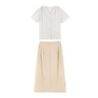Set: Short-sleeve Shirt + Plaid A-line Midi Skirt