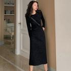 Long-sleeve Glitter Midi Knit Dress Black - One Size