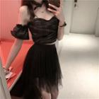 Irregular Mesh Skirt / Set: Plaid Off-shoulder Blouse + Choker