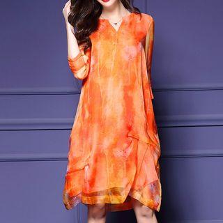Printed Split Neck 3/4 Sleeve Dress