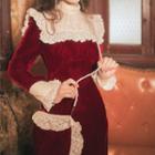 Long-sleeve Eyelet Trim Velvet Midi A-line Dress