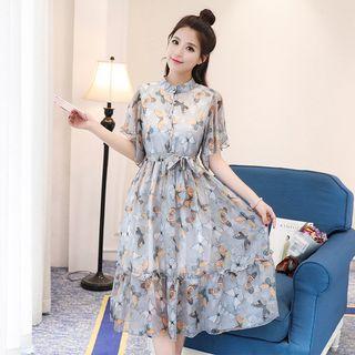 Butterfly Print Short Sleeve Midi Dress