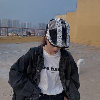 Paisley Print Paneled Flat Cap Black & White - One Size