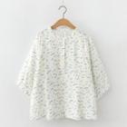 3/4-sleeve Dotted Blouse Blue & Green & White - One Size