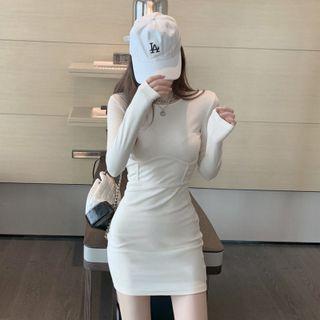 Long-sleeve Sheath Dress Beige Almond - One Size