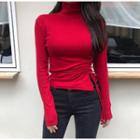 Mock Neck Long-sleeve Drawstring T-shirt Red - One Size