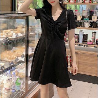 Short-sleeve Drawstring V-neck Plain Mini Dress