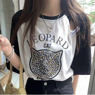Short-sleeve Cat Print T-shirt Black & White - One Size