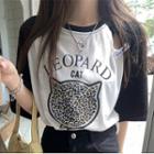 Short-sleeve Cat Print T-shirt Black & White - One Size