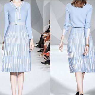 Set: Contrast Trim Knit Top + Midi Knit Skirt
