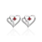 Simple Romantic Heart Shaped Red Cubic Zircon Stud Earrings Silver - One Size