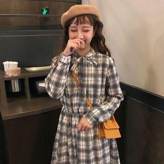 Check Long-sleeve Loose-fit Dress As Shown In Figure - One Size