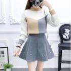 Color Block Sweater / Faux Pearl Mini A-line Skirt / Set