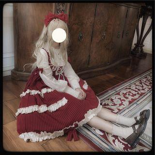 Striped Long-sleeve Ruffled A-line Dress / Ribbon Head Band / Set