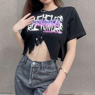 Asymmetrical Hem Lettering Print Short-sleeve Crop Top