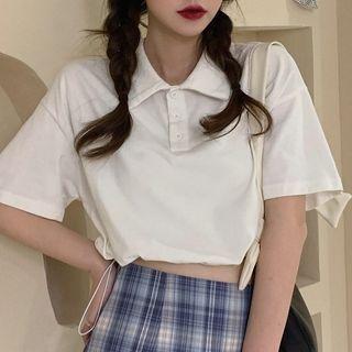 Short-sleeve Collared Drawstring Cropped T-shirt